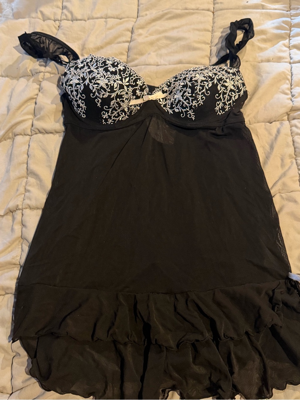 Indulgence Black Chemise with White Embroidered Cups and Ruffled Hem